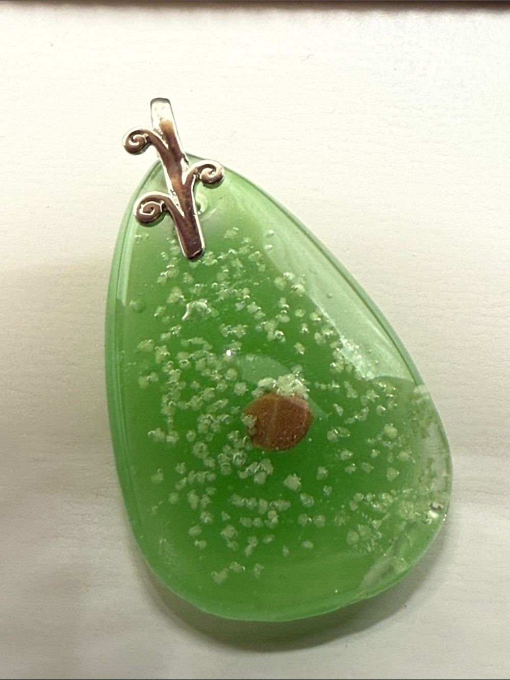 Green Teardrop glass Pendant Silver-Tone Stem green apple & seed artisan charm